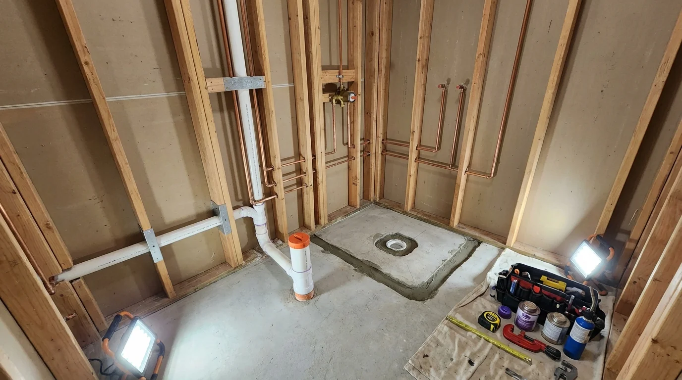 Bathroom rough-in plumbing during remodel by Johns Plumbing LLC in Montrose