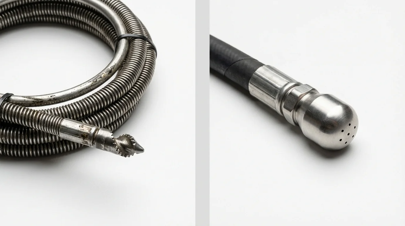 Drain snake cable and hydro jetting nozzle used for drain cleaning in Montrose, NY