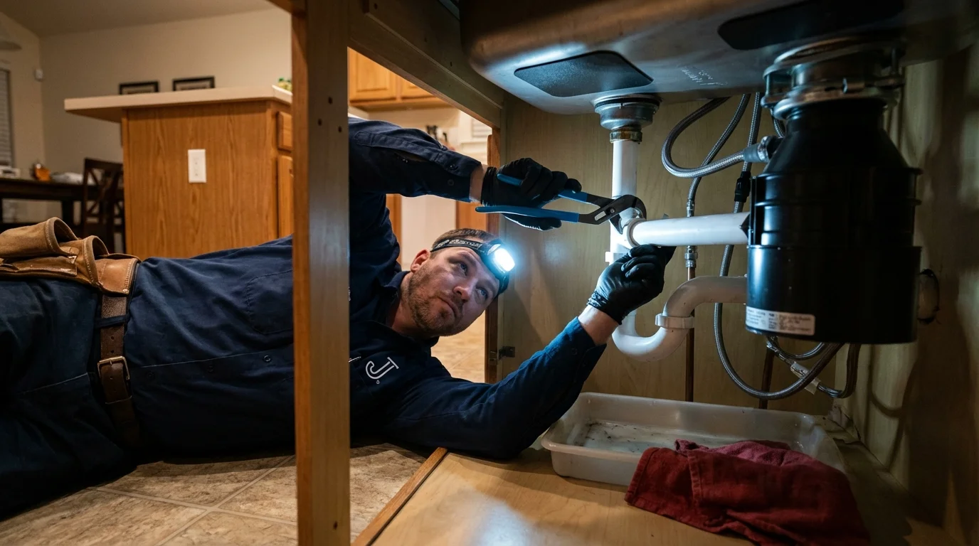 P-trap and supply line connections under a kitchen sink showing a common leak point in Montrose, NY